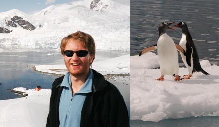 Richard in Antarctica with penguins